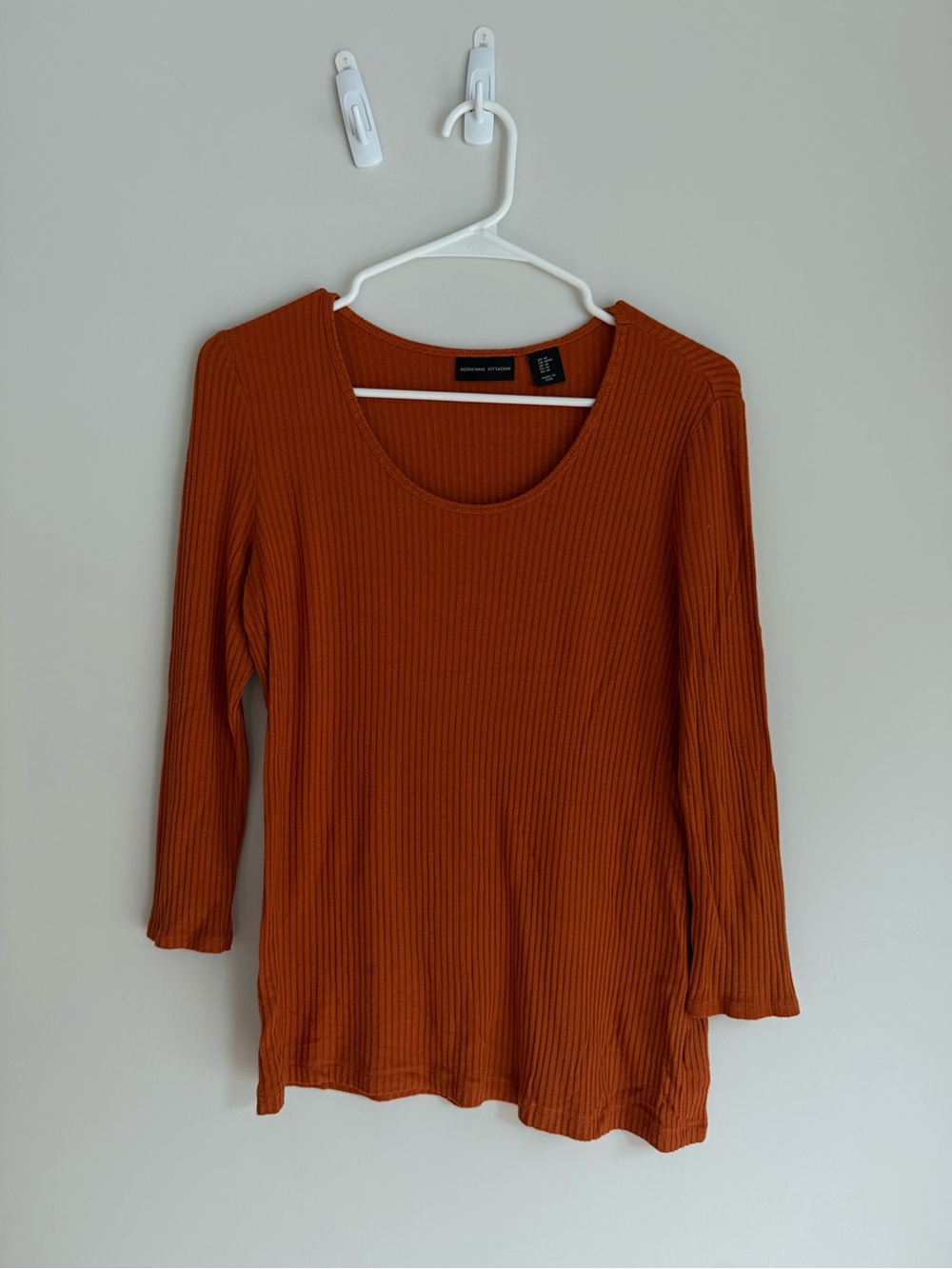 Adrienne Vittadini Ribbed Scoop Neck Long Sleeve Top - Rust Orange